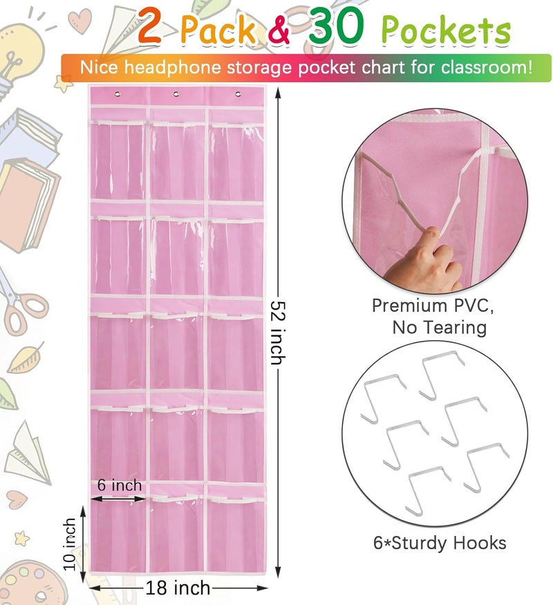 Olpchee 2 Pack Classroom Headphone Storage Organizer with 30 Pockets, PVC Clear Classroom Pocket Chart for Headphone Cell Phone Over-the-Door Hanging Headphone Holder Bag with 62 Labels(Pink) - Image 3